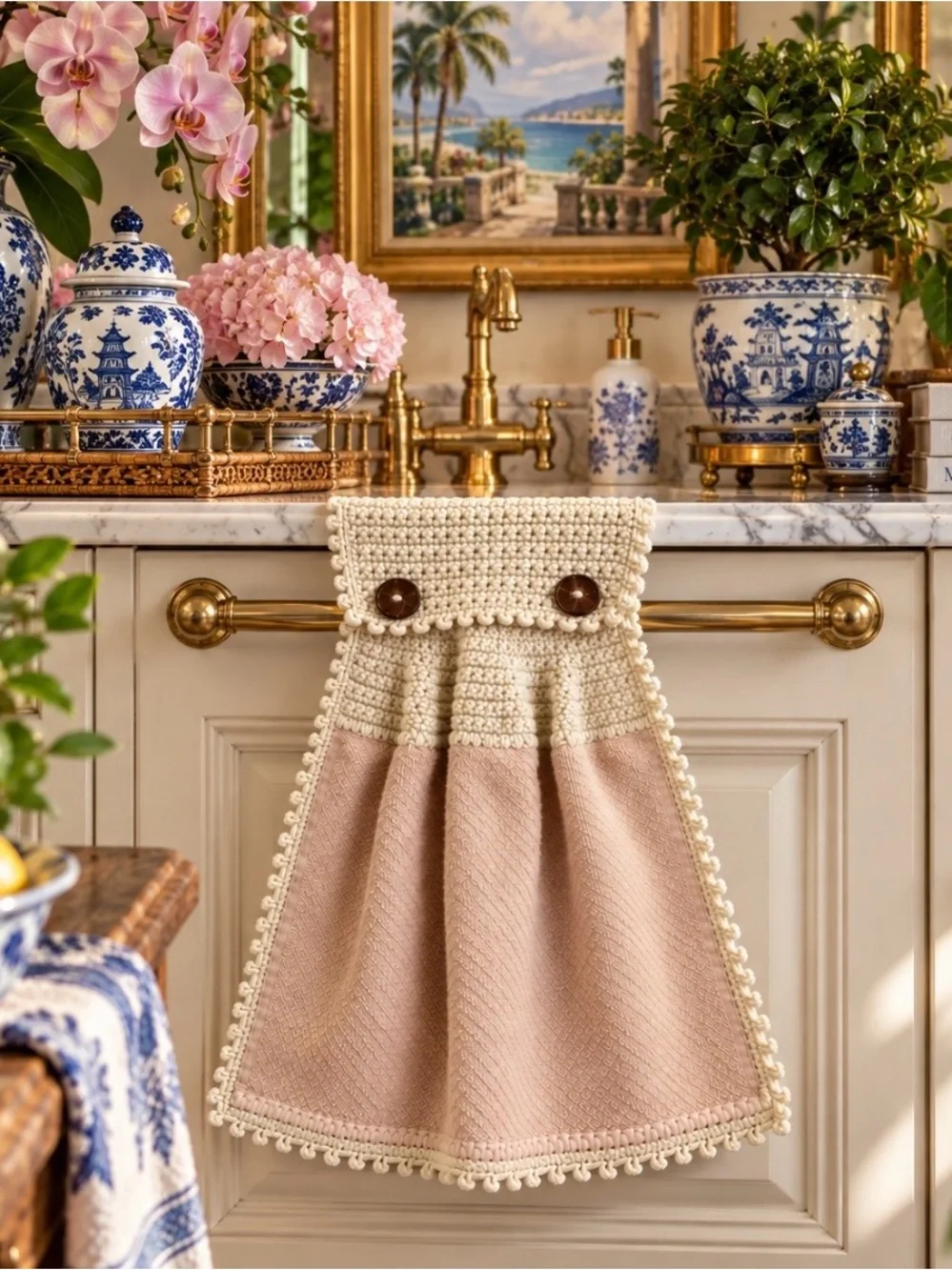 Handmade Neutral Beige Crochet Hanging Kitchen Towel